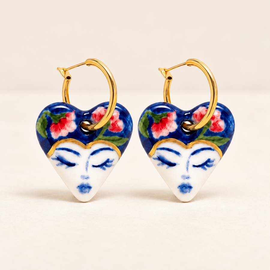 Blue Floral Porcelain Heart Earrings – Hand Painted Face Hoops