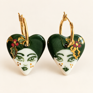 Christmas muse heart porcelain hoop earrings with hand-painted faces and 22K gold lustre