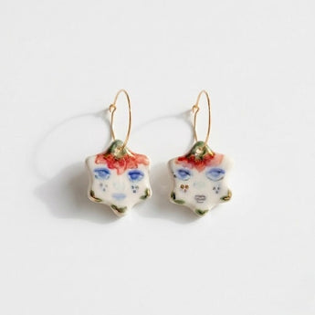 Porcelain Star Face Earrings – Hand-Painted Ceramic with 22K Gold & Gold Hoops