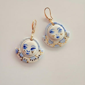 BitaJewells Hand-Painted Porcelain Sun Face Earrings – Delft Blue & 22K Gold Lustre