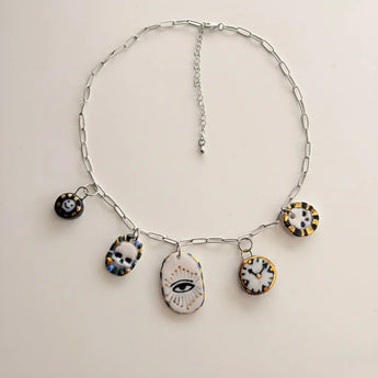 Porcelain Charm Necklace – Celestial Eye & Skull, 22K Gold Lustre
