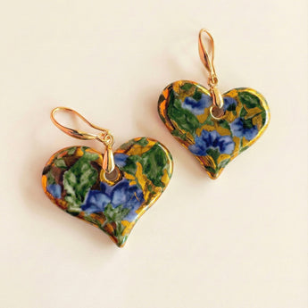 Blue Floral Heart Earrings - Porcelain Miniature Art with 22K Gold