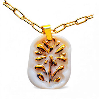 Handmade Porcelain Pendant Necklace – 22K Gold Botanical Design