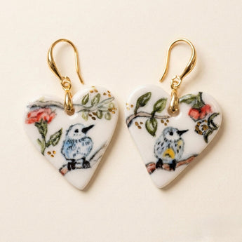 Hand-Painted Porcelain Heart Earrings – Bird Illustration & 22K Gold Lustre