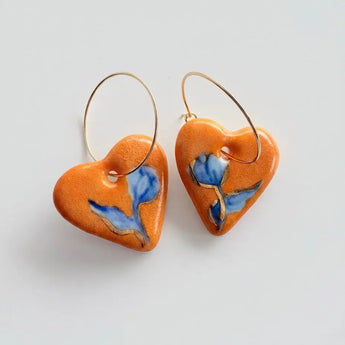 Orange Heart Porcelain Earrings – Blue Tulip Motif & 22K Gold Lustre BitaJewells