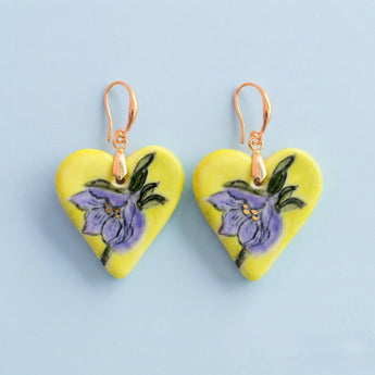 Hand-Painted Porcelain Heart Earrings – Yellow & Lavender Floral
