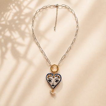 Hand-painted porcelain muse heart pendant necklace with gold leaf crown and pearl charm on gold-filled chain