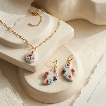 Porcelain Dove Earrings & Necklace Set – Red Poppy & 22K Gold Lustre BitaJewells