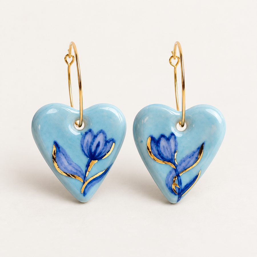 Blue Tulip Porcelain Heart Earrings – 22K Gold