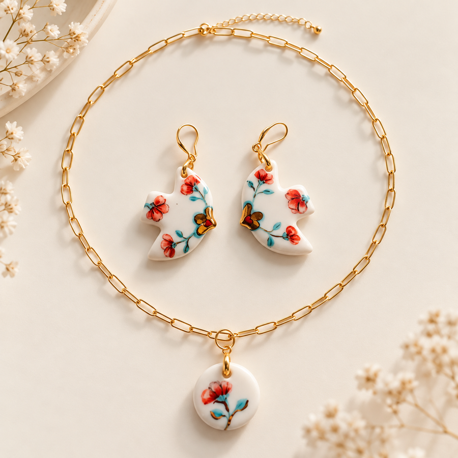 Red Poppy Porcelain Dove Earrings & Necklace Set