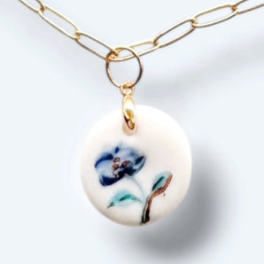 Porcelain Pendant Necklace – Delft Blue Floral & 22K Gold Lustre BitaJewells