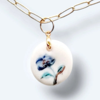 Porcelain Pendant Necklace – Delft Blue Floral & 22K Gold Lustre BitaJewells