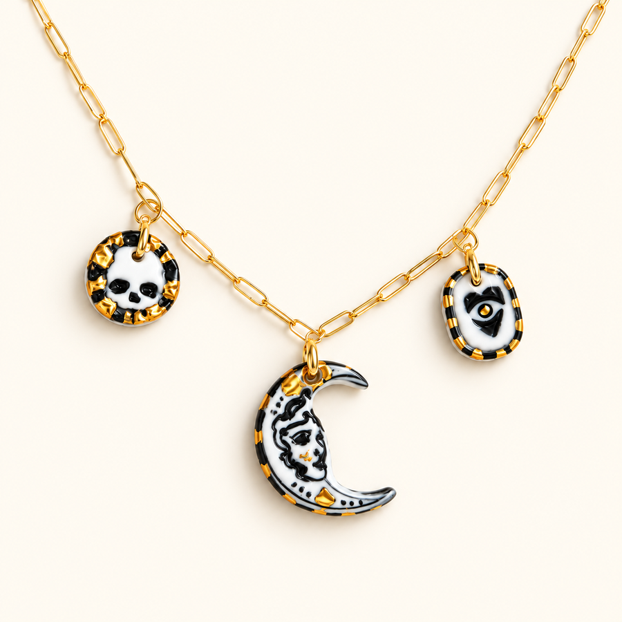 Moon, Evil Eye & Skull Porcelain Charm Necklace