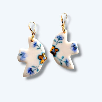 Porcelain Dove Earrings – Delft Blue Floral & 22K Gold Lustre BitaJewells