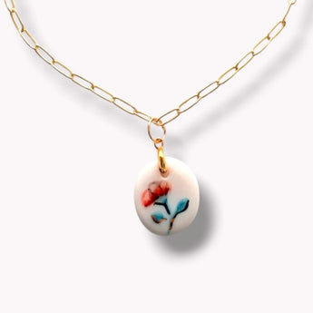 Porcelain Pendant Necklace – Red Poppy & 22K Gold Lustre BitaJewells