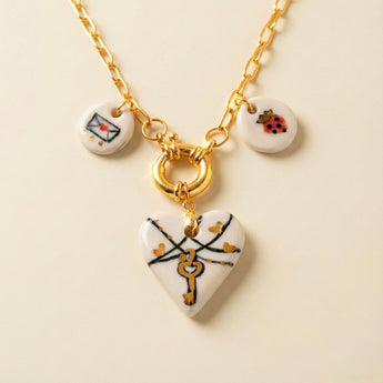 Strawberry Heart Charm Necklace - Ceramic Love Letter & Key on Gold Chain