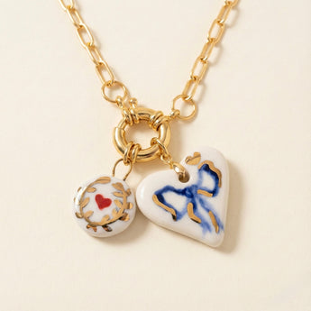 Porcelain Charm Necklace – Gingham Heart & Cupid, 14K Gold Chain