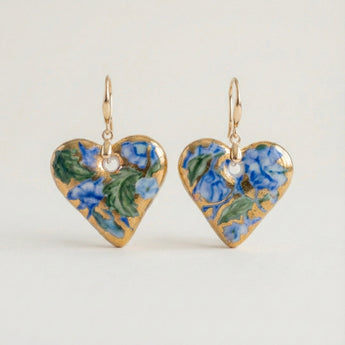 Hand-Painted Porcelain Flower Earrings – Delft Blue & 22K Gold Lustre