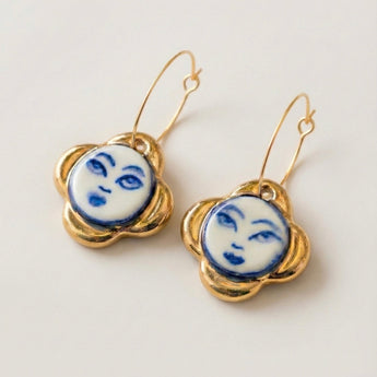 Blue Muse Portrait Earrings - Hand-Painted Porcelain Face in Gold Flower Frame