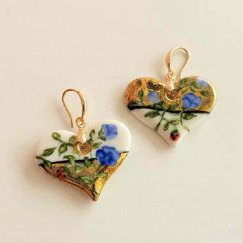 Delft Blue Strawberry Heart Earrings - Hand Painted Porcelain