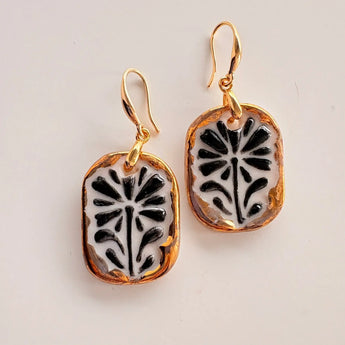 Floral Dove Earrings – Hand-Painted Porcelain Bird with Botanical Motif & Gold Plated Hooks BitaJewells