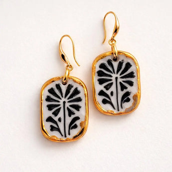 Black Porcelain Botanical Earrings | 22K Gold Ceramic Statement Earrings BitaJewells