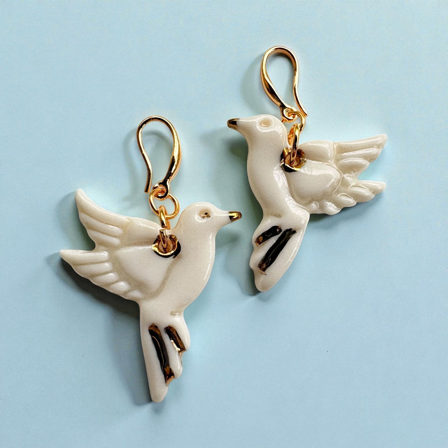 White Porcelain Dove Earrings – Hand-Sculpted Ceramic Bird with 22K Gold Detail