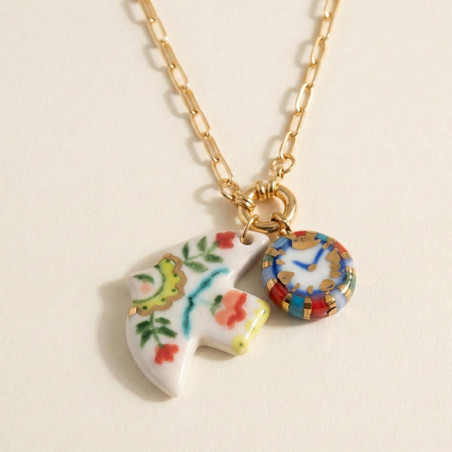 Time Flies porcelain dove and clock charm necklace with 22K gold lustre