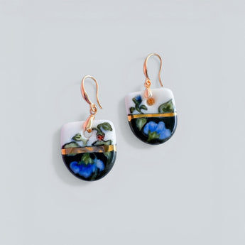 Delft Blue Floral Half-Moon Earrings with Gold Accents