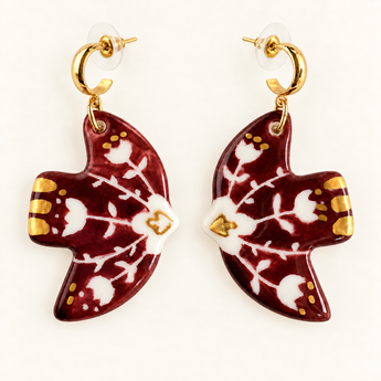 Large burgundy floral porcelain dove earrings with gold hoops