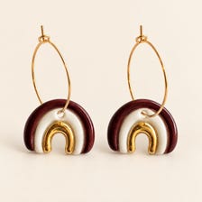 Burgundy rainbow handmade porcelain earrings with gold hoops