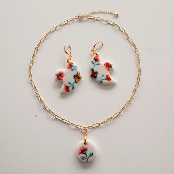 Red poppy porcelain dove earrings and matching pendant necklace jewelry set