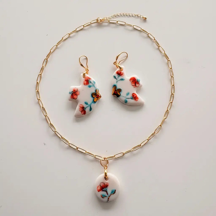 Red poppy porcelain dove earrings and matching pendant necklace jewelry set