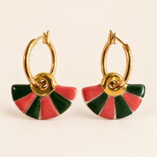 Red and green handmade porcelain fan earrings with gold hoops