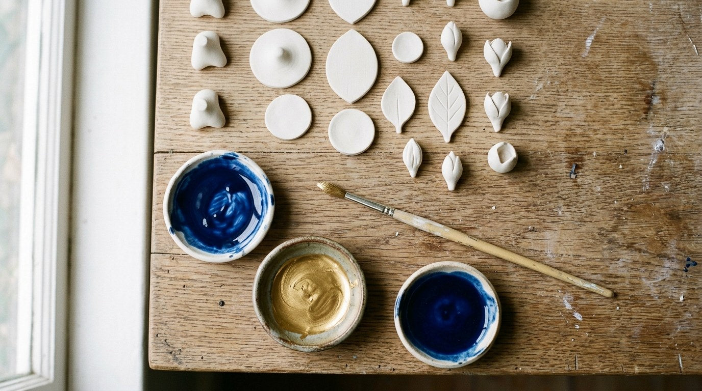 Porcelain studio tools and gold lustre
