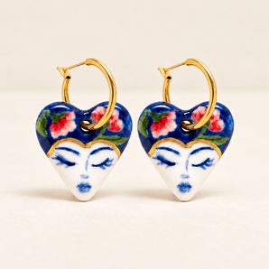 Blue Floral Porcelain Heart Earrings – Hand Painted Face Hoops