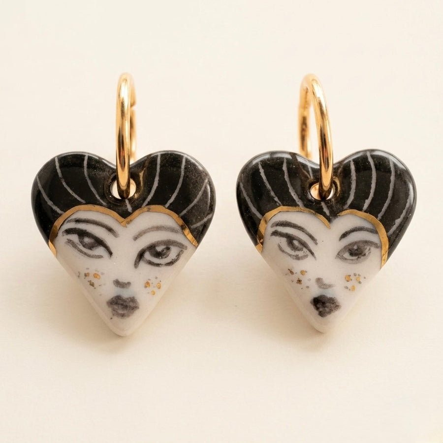 Dark muse portrait porcelain heart earrings with genuine 22K gold lustre