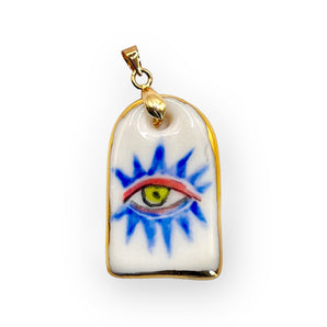 Hand-Painted Porcelain Blue Green Eye Pendant