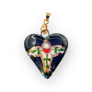 Hand-Painted Porcelain Black Heart Bird Pendant