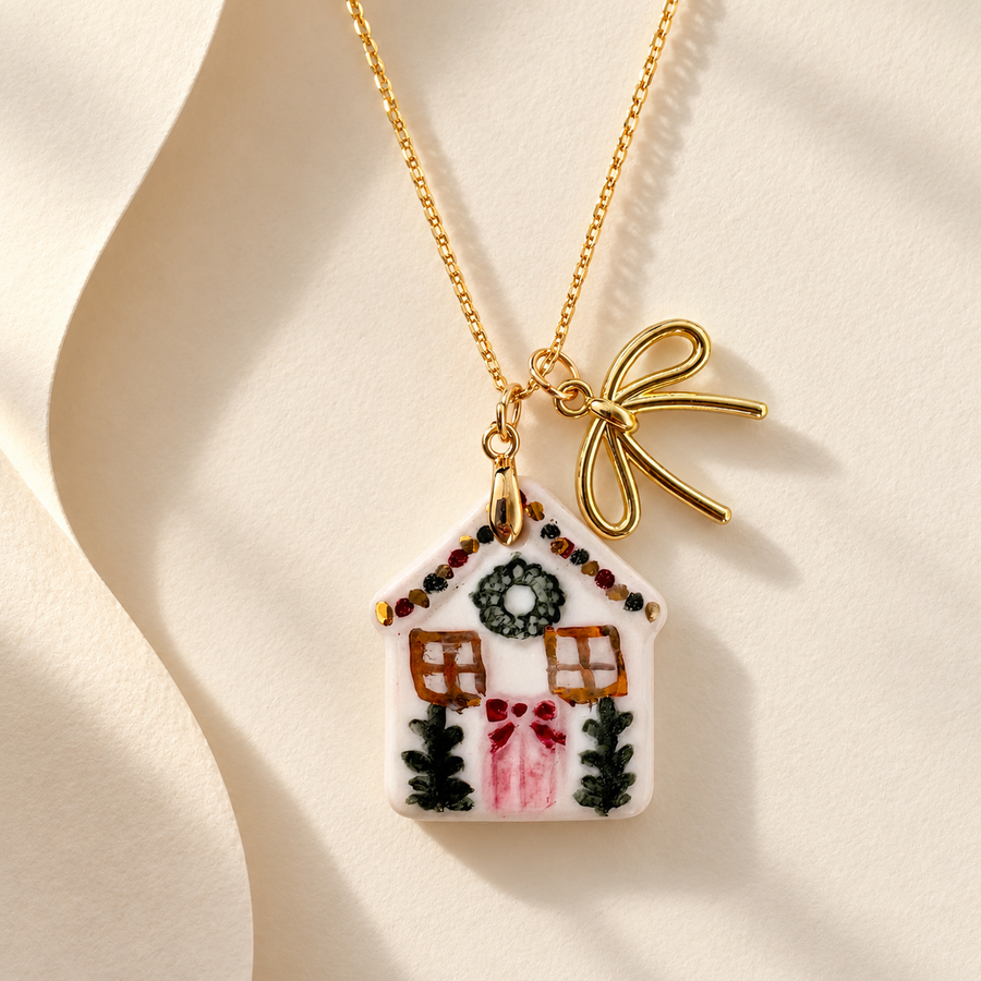Handmade Porcelain House Necklace – Pink Door & Green Wreath