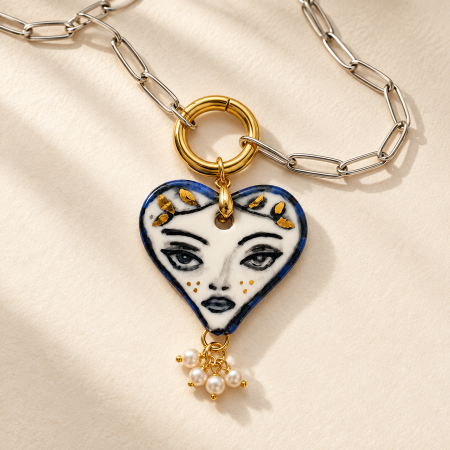 Muse Heart Porcelain Necklace with Pearls – 22K Gold