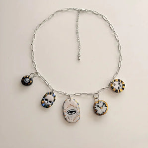 Porcelain Charm Necklace – Celestial Eye & Skull, 22K Gold Lustre