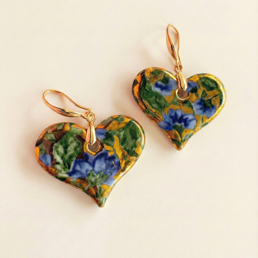 Blue Floral Heart Earrings - Porcelain Miniature Art with 22K Gold