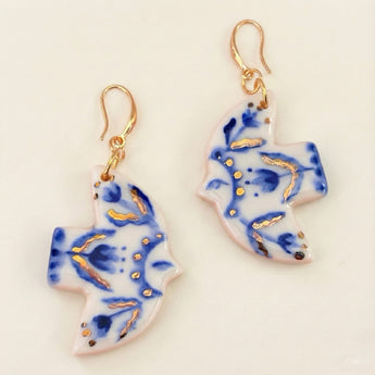 BitaJewells Hand-Painted Porcelain Dove Earrings – Indigo Blue & 22K Gold Lustre