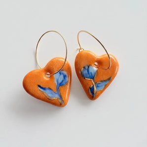Orange Heart Porcelain Earrings – Blue Tulip Motif & 22K Gold Lustre BitaJewells
