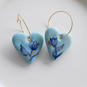 Porcelain Heart Earrings – Blue Tulip & 22K Gold Lustre BitaJewells