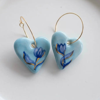 Porcelain Heart Earrings – Blue Tulip & 22K Gold Lustre BitaJewells