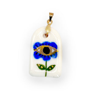 Hand-Painted Porcelain Blue Eye Flower Pendant