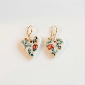 Hand-Painted Porcelain Heart Earrings – Red Rose & Sage Floral with 22K Gold Lustre BitaJewells