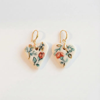 Hand-Painted Porcelain Heart Earrings – Red Rose & Sage Floral with 22K Gold Lustre BitaJewells